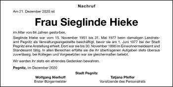 Traueranzeige von Sieglinde Hieke von Nordbayerische Nachrichten Pegnitz Lokal