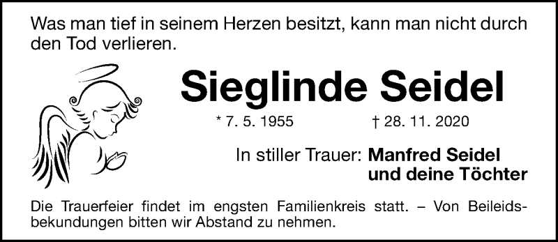  Traueranzeige für Sieglinde Seidel vom 02.12.2020 aus Gesamtausgabe Nürnberger Nachrichten/ Nürnberger Ztg.