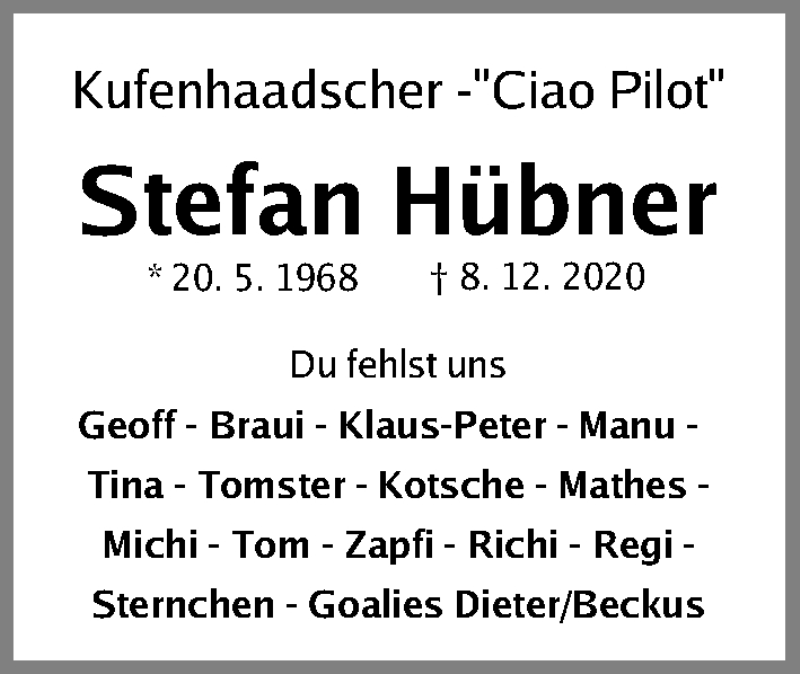  Traueranzeige für Stefan Hübner vom 19.12.2020 aus Gesamtausgabe Nürnberger Nachrichten/ Nürnberger Ztg.