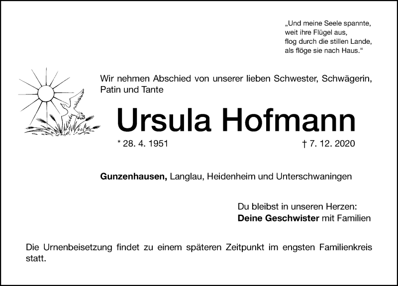 Traueranzeige für Ursula Hofmann vom 14.12.2020 aus Altmühl-Bote Lokal