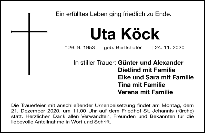  Traueranzeige für Uta Köck vom 12.12.2020 aus Gesamtausgabe Nürnberger Nachrichten/ Nürnberger Ztg.