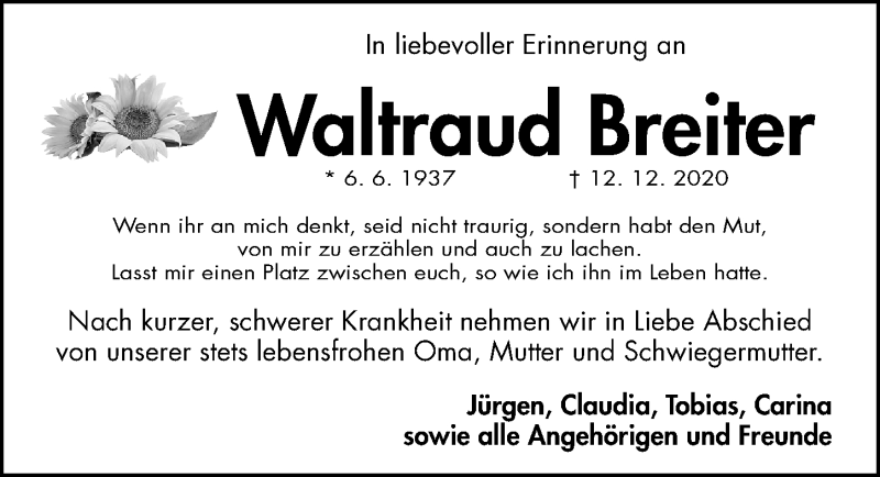  Traueranzeige für Waltraud Breiter vom 19.12.2020 aus Gesamtausgabe Nürnberger Nachrichten/ Nürnberger Ztg.
