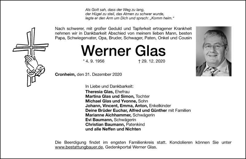  Traueranzeige für Werner Glas vom 31.12.2020 aus Altmühl-Bote Lokal