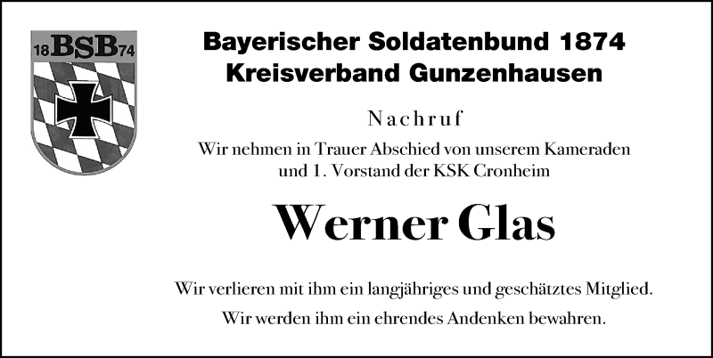  Traueranzeige für Werner Glas vom 31.12.2020 aus Altmühl-Bote Lokal
