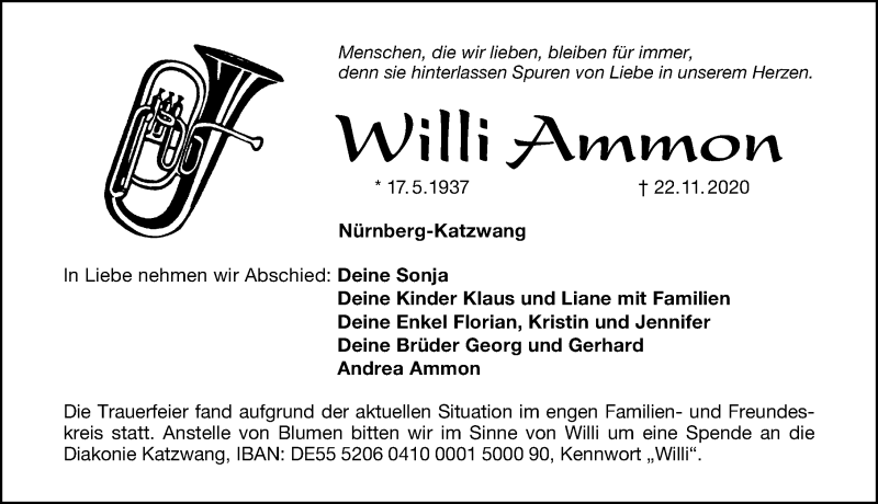  Traueranzeige für Willi Ammon vom 05.12.2020 aus Schwabacher Tagblatt Lokal