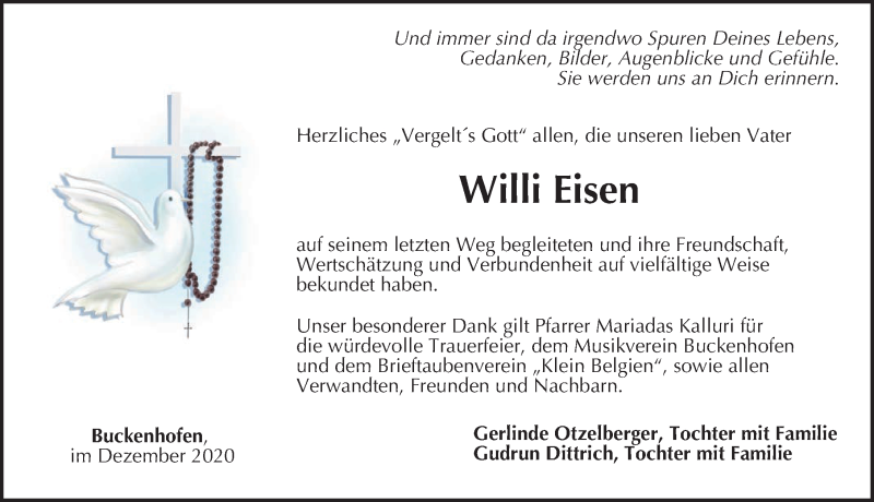  Traueranzeige für Willi Eisen vom 19.12.2020 aus Nordbayerische Nachrichten Forchheim Lokal