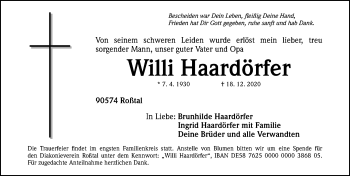 Traueranzeige von Willi Haardörfer von Fürther Nachrichten Lokal