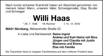Traueranzeige von Willi Haas von Gesamtausgabe Nürnberger Nachrichten/ Nürnberger Ztg.