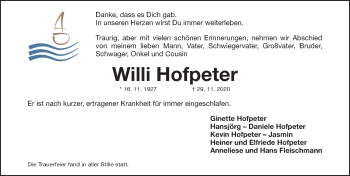 Traueranzeige von Willi Hofpeter von Gesamtausgabe Nürnberger Nachrichten/ Nürnberger Ztg.