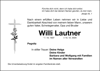 Traueranzeige von Willi Lautner von Nordbayerische Nachrichten Pegnitz Lokal