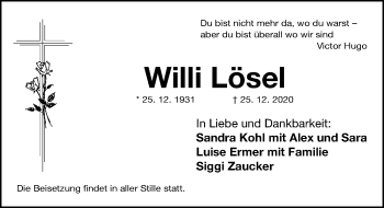 Traueranzeige von Willi Lösel von Gesamtausgabe Nürnberger Nachrichten/ Nürnberger Ztg.