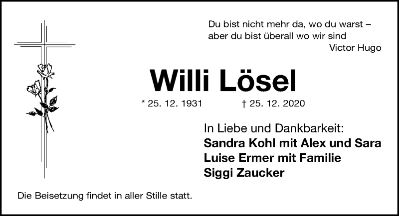 Traueranzeige für Willi Lösel vom 30.12.2020 aus Gesamtausgabe Nürnberger Nachrichten/ Nürnberger Ztg.