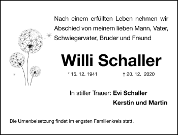Traueranzeige von Willi Schaller von Gesamtausgabe Nürnberger Nachrichten/ Nürnberger Ztg.