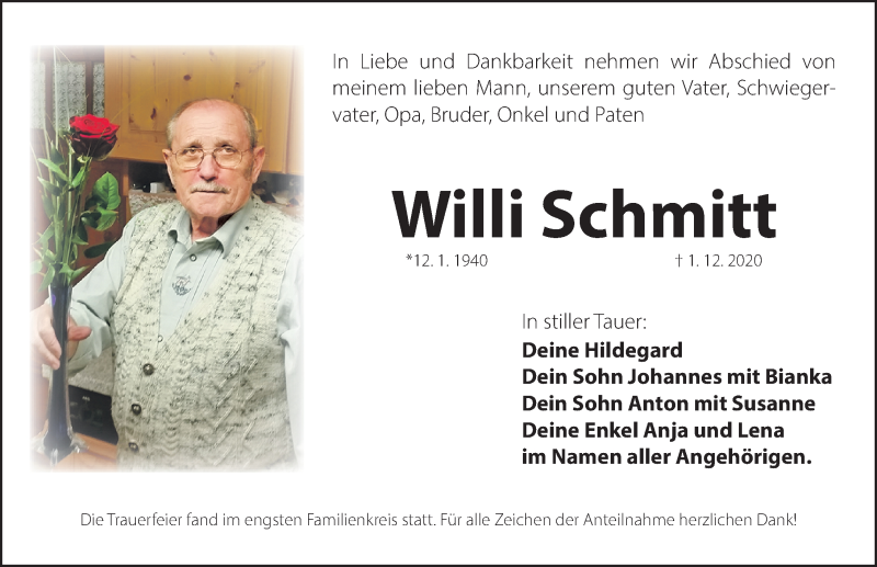  Traueranzeige für Willi Schmitt vom 19.12.2020 aus Nordbayerische Nachrichten Forchheim Lokal