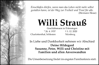 Traueranzeige von Willi Strauß von Gesamtausgabe Nürnberger Nachrichten/ Nürnberger Ztg.