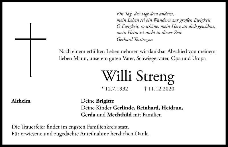  Traueranzeige für Willi Streng vom 16.12.2020 aus Windsheimer Zeitung Lokal