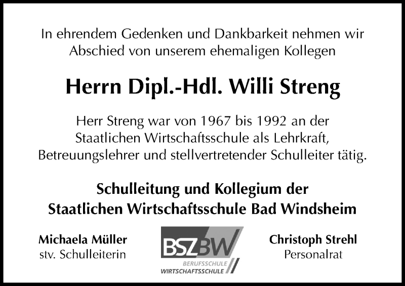  Traueranzeige für Willi Streng vom 16.12.2020 aus Windsheimer Zeitung Lokal