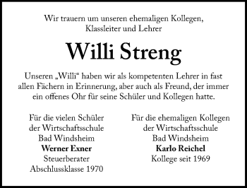 Traueranzeige von Willi Streng von Windsheimer Zeitung Lokal