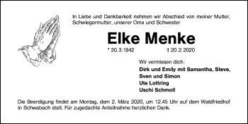 Traueranzeige von Elke Menke von SCHWABACH