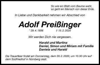 Traueranzeige von Adolf Preißinger von Gesamtausgabe Nürnberger Nachrichten/ Nürnberger Ztg.