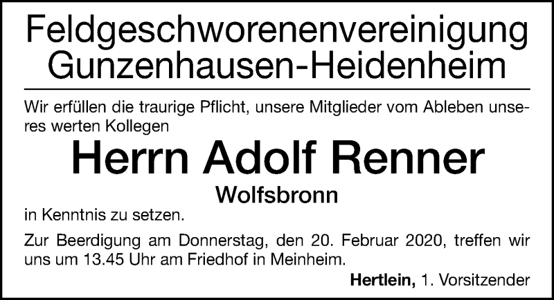  Traueranzeige für Adolf Renner vom 19.02.2020 aus Altmühl-Bote Lokal