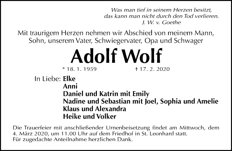  Traueranzeige für Adolf Wolf vom 29.02.2020 aus Gesamtausgabe Nürnberger Nachrichten/ Nürnberger Ztg.