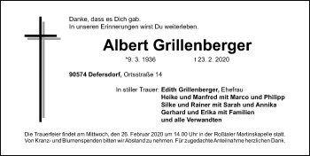 Traueranzeige von Albert Grillenberger von Fürther Nachrichten Lokal