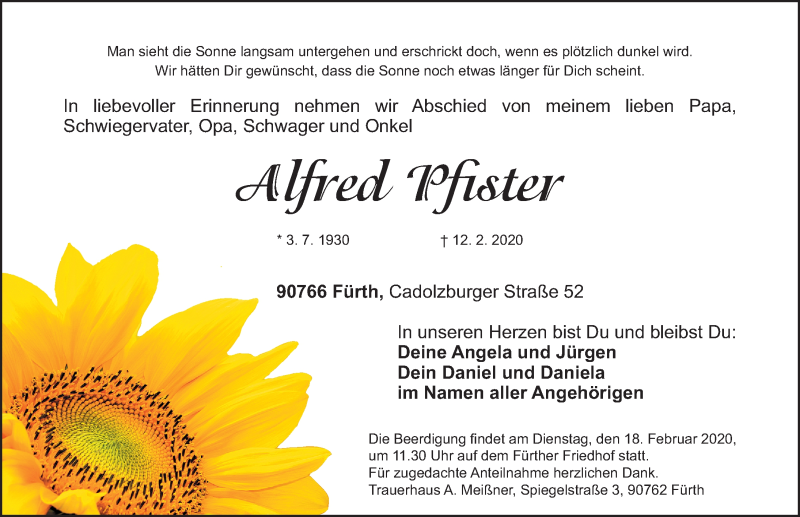  Traueranzeige für Alfred Pfister vom 15.02.2020 aus Fürther Nachrichten Lokal
