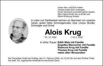 Traueranzeige von Alois Krug von Fürther Nachrichten Lokal