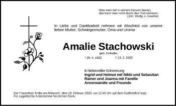 Traueranzeige von Amalie Stachowski von Gesamtausgabe Nürnberger Nachrichten/ Nürnberger Ztg.