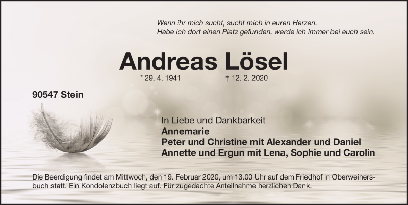  Traueranzeige für Andreas Lösel vom 15.02.2020 aus Gesamtausgabe Nürnberger Nachrichten/ Nürnberger Ztg.