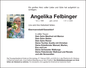 Traueranzeige von Angelika Felbinger von Nordbayerische Nachrichten Forchheim Lokal
