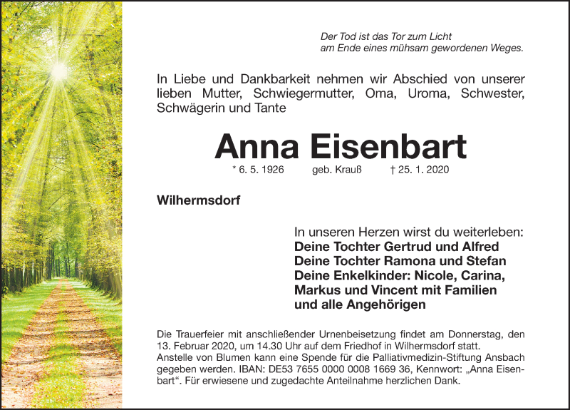  Traueranzeige für Anna Eisenbart vom 08.02.2020 aus Fürther Nachrichten Lokal