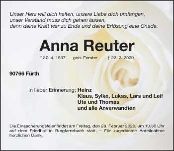 Traueranzeige von Anna Reuter von Fürther Nachrichten Lokal