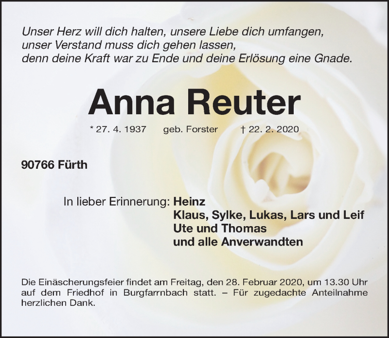  Traueranzeige für Anna Reuter vom 25.02.2020 aus Fürther Nachrichten Lokal