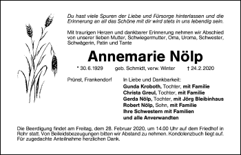 Traueranzeige von Annemarie Nölp von Schwabach