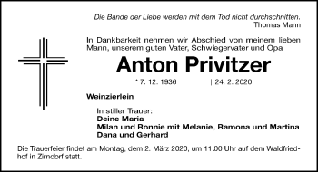 Traueranzeige von Anton Privitzer von Fürther Nachrichten Lokal