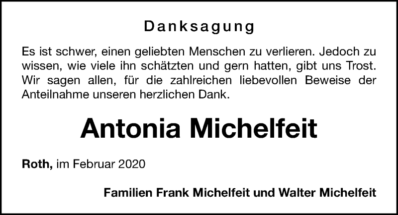  Traueranzeige für Antonia Michelfeit vom 22.02.2020 aus Roth-Hilpoltsteiner Volkszeitung Lokal