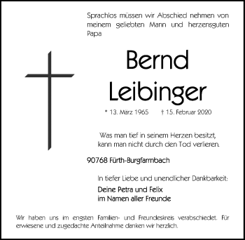 Traueranzeige von Bernd Leibinger von Gesamtausgabe Nürnberger Nachrichten/ Nürnberger Ztg.