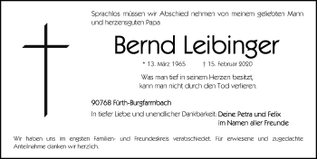 Traueranzeige von Bernd Leibinger von Fürther Nachrichten Lokal