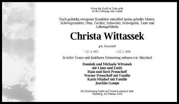 Traueranzeige von Christa Wittassek von Gesamtausgabe Nürnberger Nachrichten/ Nürnberger Ztg.