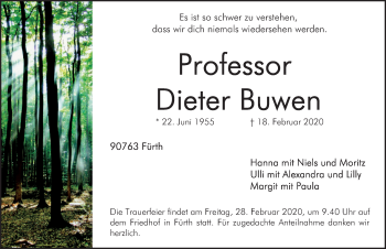 Traueranzeige von Dieter Buwen von Gesamtausgabe Nürnberger Nachrichten/ Nürnberger Ztg.