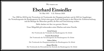 Traueranzeige von Eberhard Einsiedler von Gesamtausgabe Nürnberger Nachrichten/ Nürnberger Ztg.