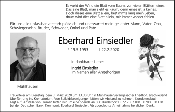 Traueranzeige von Eberhard Einsiedler von Gesamtausgabe Nürnberger Nachrichten/ Nürnberger Ztg.