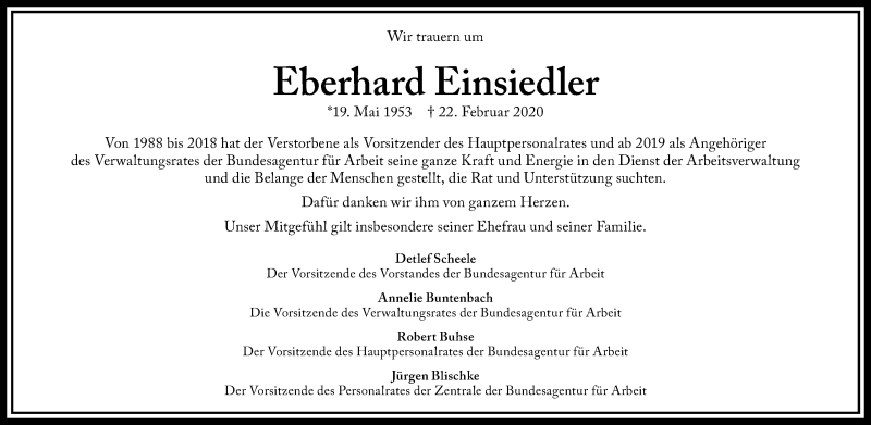  Traueranzeige für Eberhard Einsiedler vom 26.02.2020 aus Gesamtausgabe Nürnberger Nachrichten/ Nürnberger Ztg.