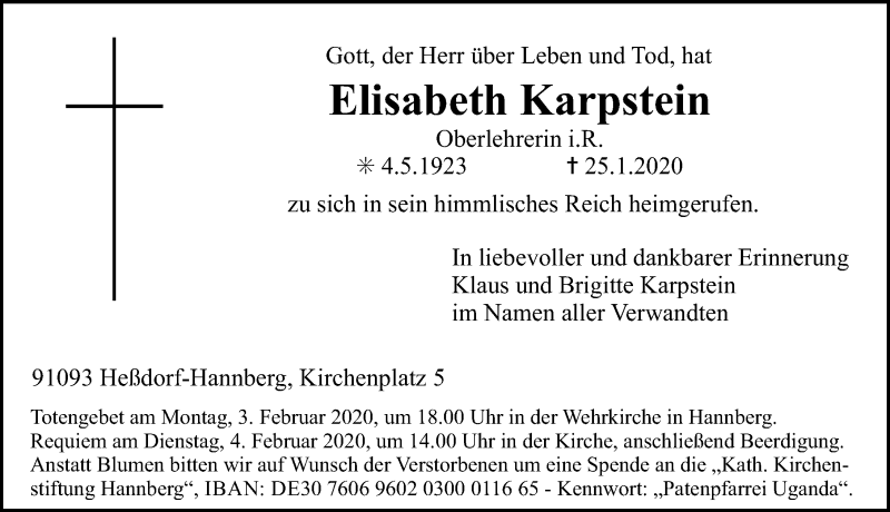  Traueranzeige für Elisabeth Karpstein vom 01.02.2020 aus Nordbayerische Nachrichten Herzogenaurach Lokal