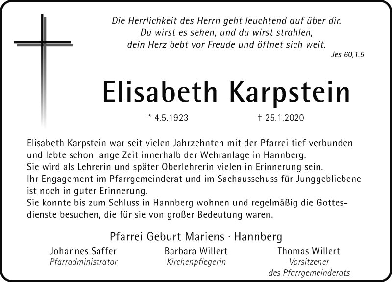  Traueranzeige für Elisabeth Karpstein vom 03.02.2020 aus Nordbayerische Nachrichten Herzogenaurach Lokal