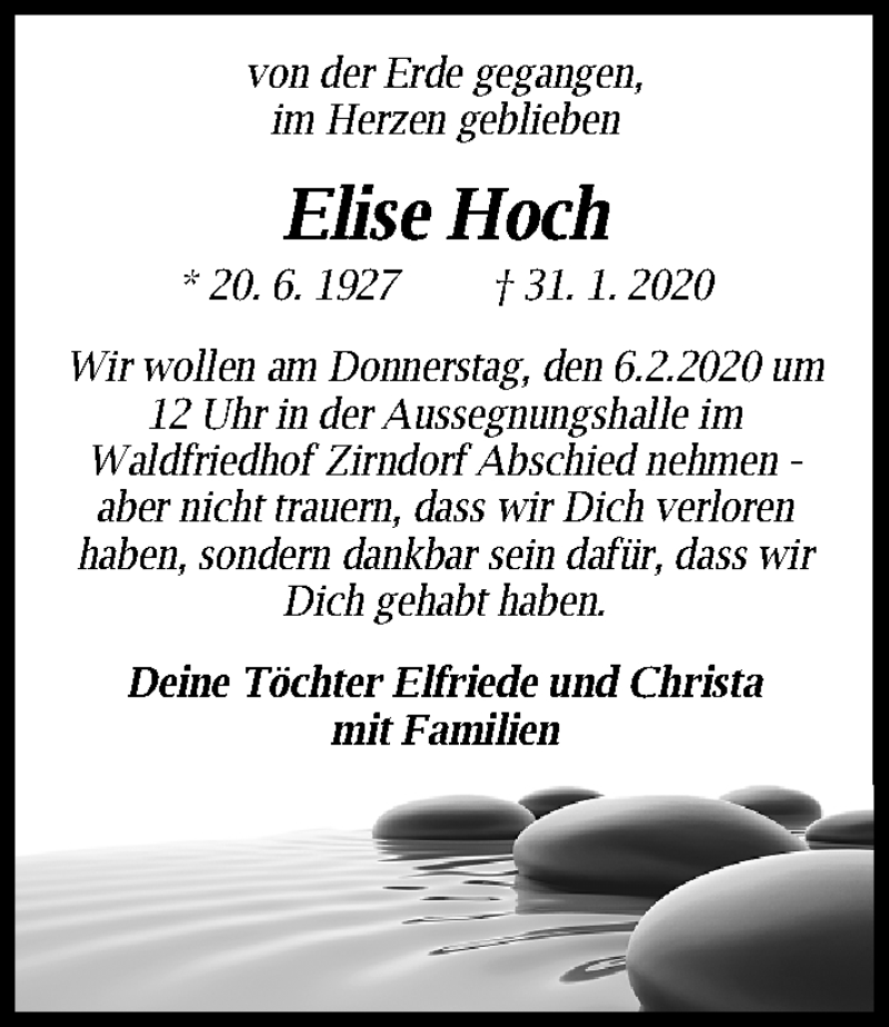  Traueranzeige für Elise Hoch vom 05.02.2020 aus Gesamtausgabe Nürnberger Nachrichten/ Nürnberger Ztg./ Fürther Nachrichten