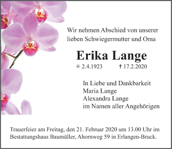 Traueranzeige von Erika Lange von Erlanger Nachrichten Lokal