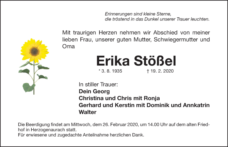  Traueranzeige für Erika Stößel vom 22.02.2020 aus Nordbayerische Nachrichten Herzogenaurach Lokal